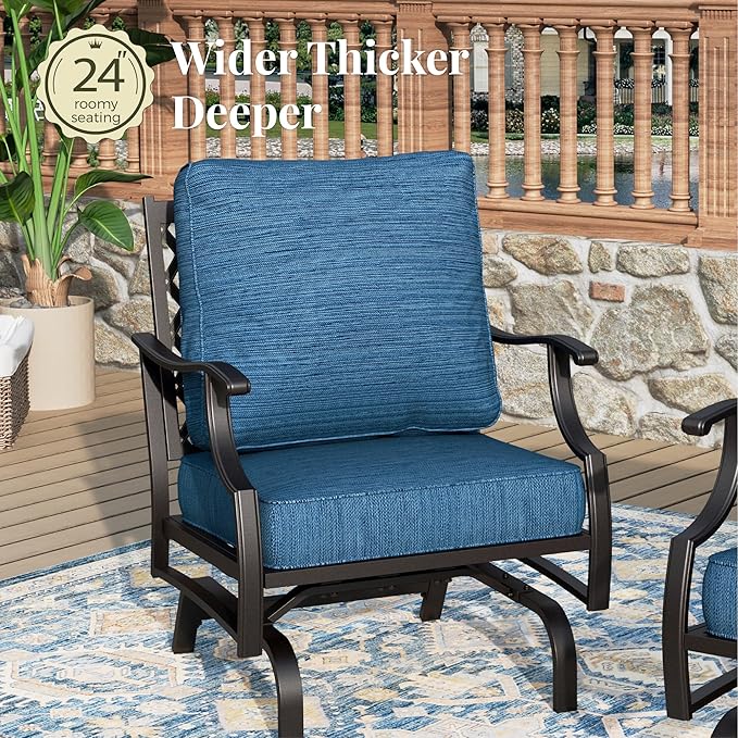 Patio Furniture Set, 4 Pcs Metal Outdoor Conversation Set, 2 Rocking Chairs and 3 Seater Sofa with 5.75" Extra Thick Cushion and Gas Fire Pit Table for Backyard Deck, Gemstone Blue