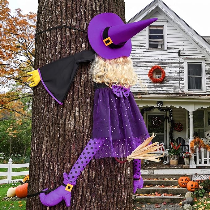 53" Purple Crashing Witch Halloween Decorations - Funny Flying Witch Prop for Yard, Porch, Tree, Patio, Door – Large Outdoor Halloween Witch Tree Decor for Garden, Fence, and Haunted House