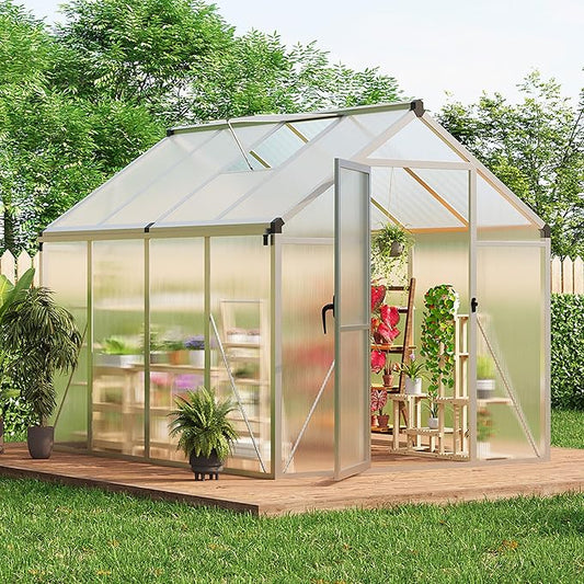 6 x 8 FT Greenhouse, Greenhouses for Outside, Polycarbonate Greenhouse with Aluminum Frame, Lockable Door and Ajustable Roof Vent for Backyard, Green Houses for Outside Garden Backyard, Patio