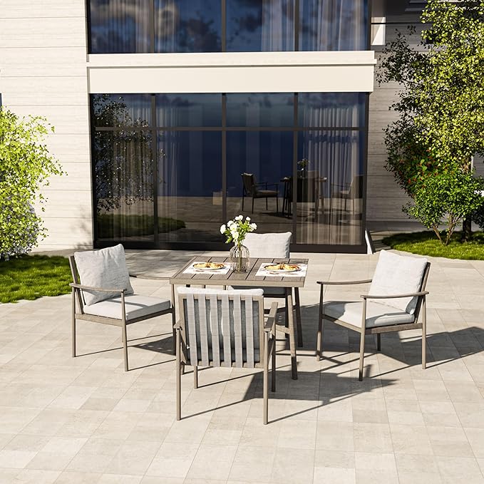 HAPPATIO 5-Piece Outdoor Dining Set for 4, Aluminum Patio Dining Set Includes 1 Large Square Table with Umbrella Hole and 4 Dining Chairs, Patio Furniture Set for Lawn, Porch, or Backyard (Grey)