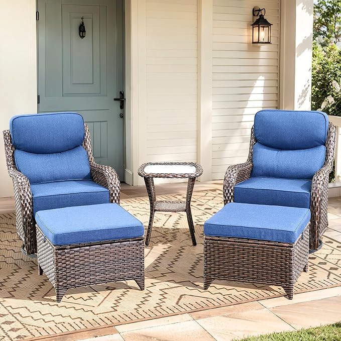 Luxury High Back Outdoor Furniture with 6-Inch Thick Cushions, Patio Furniture Set with Ottomans, 5 PCS Wicker Conversation Set for Porch, Balcony, Deck and Yard