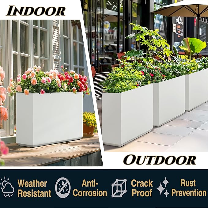 Metallic Heavy Outdoor Planter Box, Span Plant Container, Long and Tall Divider Flower Pot, 30Lx10Wx24H, White, No Assembly 30.8 Pounds