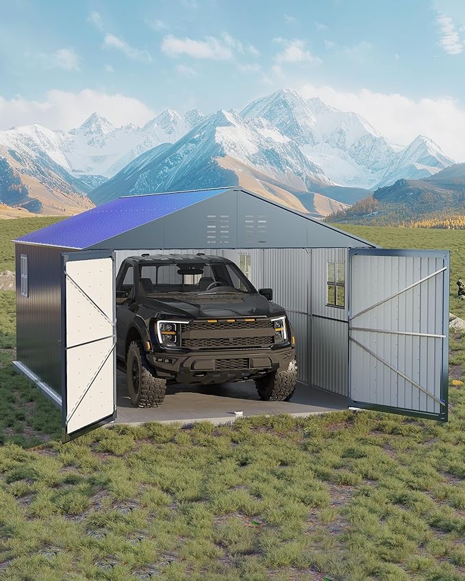 12x20 FT Metal Carport, Enclosed Car Port with Reinforced Frame and Steel Roof for All-Weather Use, Metal Garage Shed for Full-Sized Pickup Trucks