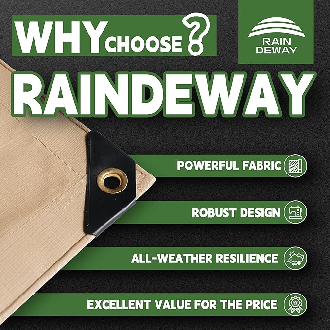RAINDEWAY 10x15 Feet Heavy Duty Tarp,12 Mil Tan Waterproof Poly Tarp Cover,UV Resistant,Weatherproof,Durable,Multipurpose Tarps with Grommets and Reinforced Edges