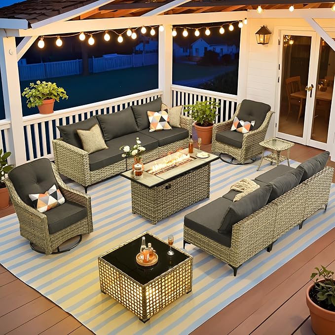 HOOOWOOO Outdoor Patio Furniture Set with Fire Pit Table,11 Pieces Wicker Out Door Sectional Furniture L Shaped Couch,Outside Patio Conversation Swivel Chair Sets,Black