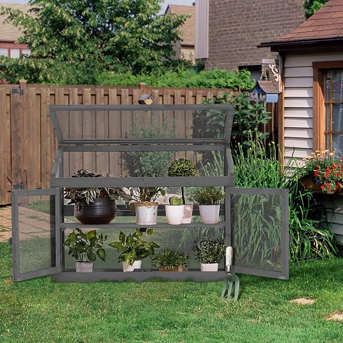 MCombo 2-Tier Wooden Cold Frame Garden Greenhouse Raised Flower Planter Shelf Bed Protection 6057-0160 (Dark Grey)