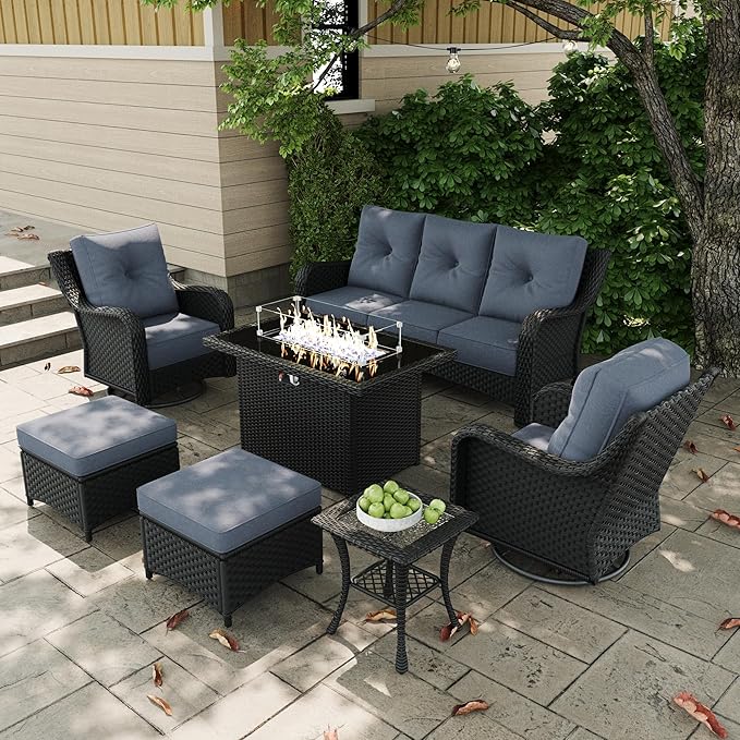 7 Pieces Outdoor Patio Furniture Sets with Rocking Swivel Chairs with 6-inch Thick Cushion and Fire Pit Table for Deck Lawn