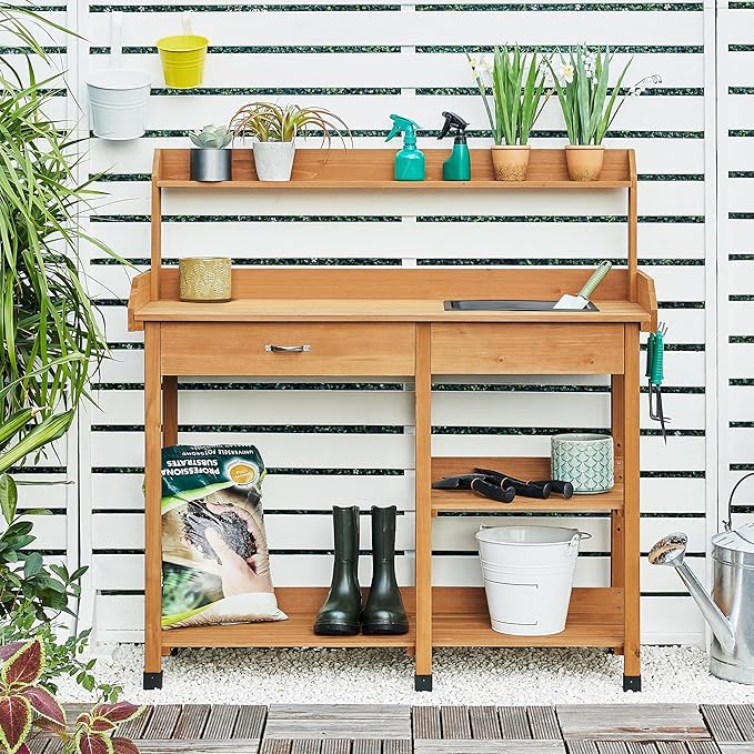 Yaheetech Potting Bench Outdoor Garden Work Bench Station Planting Solid Wood Construction for Horticulture w/Sink Drawer Rack Shelves Natural Wood
