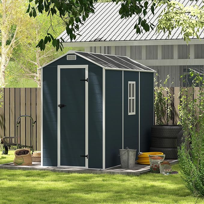 Outdoor Storage Shed 8x4 FT, Resin Shed with Floor & Window, Lockable Door, Vents, Outside Sheds & Garden Shed for Patio Furniture, Gardening Tools, Bike Accessories and Lawn Mower (Dark Gray, 4*8ft)