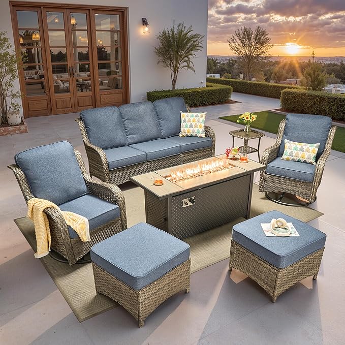 ovios 7 Pieces Patio Furniture Set, Outdoor Wicker Sofa Couch with Swivel Chairs 54" Fire Pit Table, All Weather High Back Modern Conversation Sets, Grey Rattan, Denim Blue
