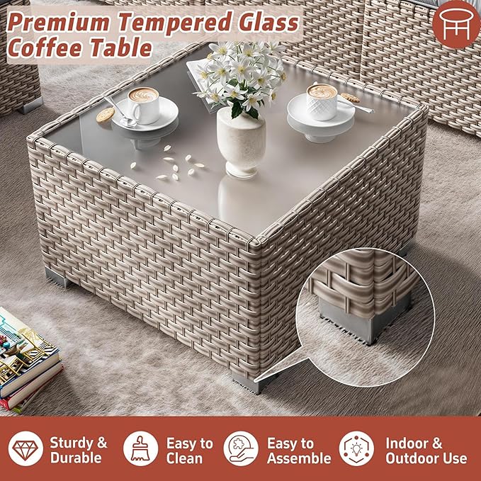 13 Pieces Patio Furniture Set with Metal Fire Pit Table, Outdoor Sectional Wicker Sofa with Thick Cushions and Coffee Table, High Back Rattan Patio Conversation Sets, Navy