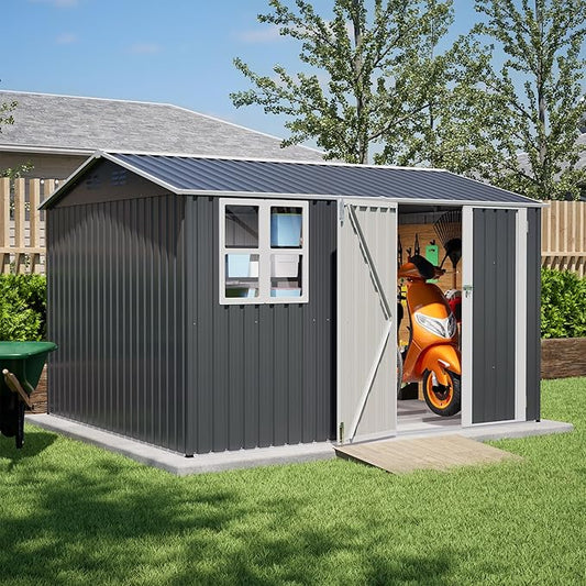 10X8 FT Outdoor Storage Shed,Metal Shed W/Window,Floor Frame & Lockable Swing Door,Garden Tool House W/ 4 Air Vents & Sloped Roof,for Backyard Patio Lawn,Gray