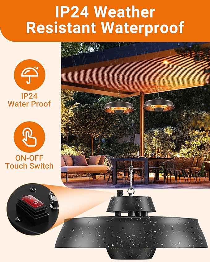 Pasapair Patio Heater - 1500W Outdoor Hanging Heater 3S Fast Heating with Remote - Adjustable Height Waterproof Infrared Mounted for Gazebo Garage - ETL Certified