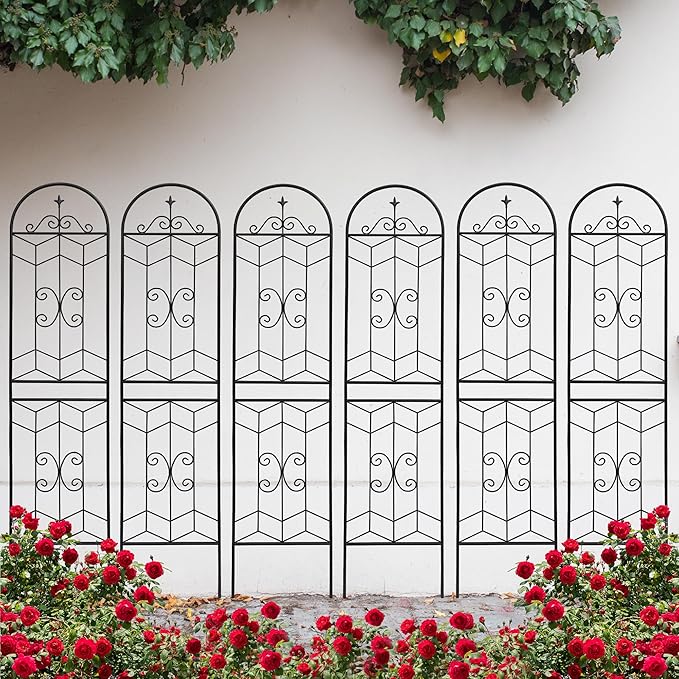 4 Pack Metal Garden Trellis for Climbing Plant Rose Stand, 86.7'' Tall Black Geometric Line Pattern Outdoor Flower Support Iron Garden Fence, Black