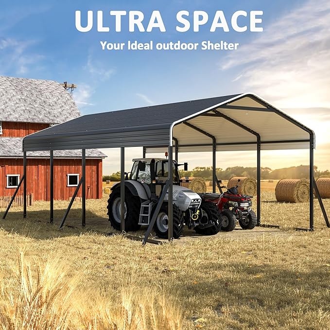 Carport 12x20 FT Heavy Duty Carports Canopy with Updated Frame Structure Galvanized Steel Roof and Enhanced Base, Metal Carport Garage for Pickup, Boat, Car and Tractors