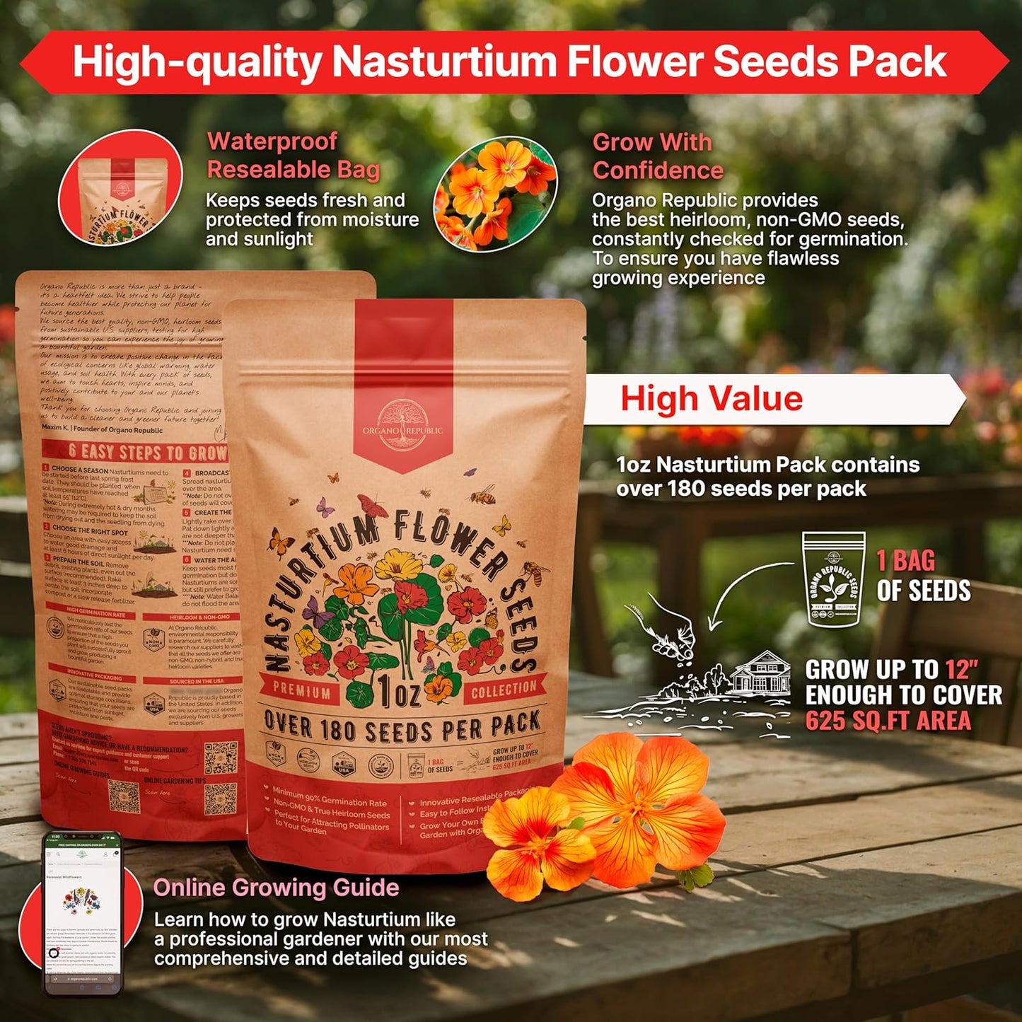 Nasturtium Seeds Pack 1 oz - Non-GMO Heirloom Flower Seeds for Planting, Edible Flowers in Individual Seed Packet, Nasturtium Seed for Planting Home Garden Indoor & Outdoor Gardening