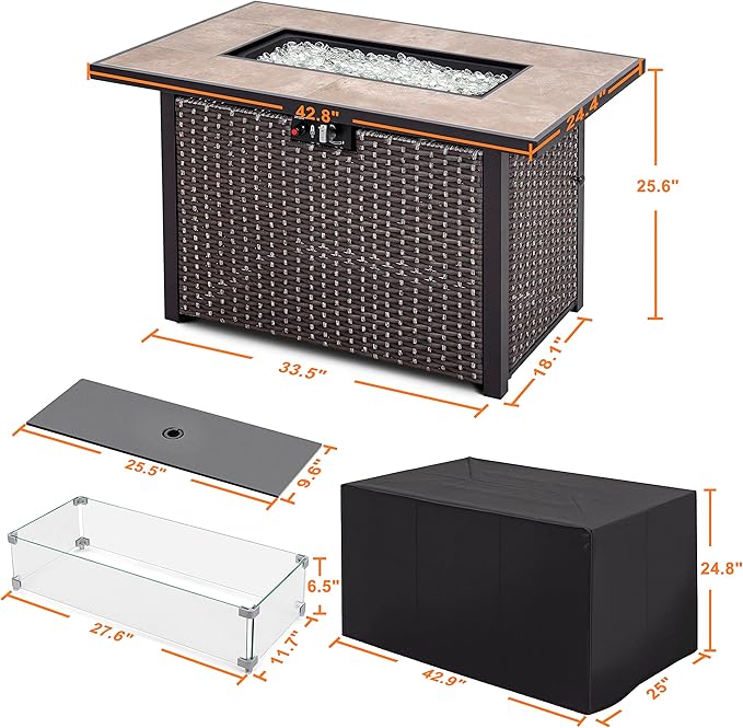 Nuu Garden Outdoor 43" 50,000 BTU Propane Gas Fire Pit Table, Ceramic Tabletop and Rattan Weaved Iron Frame, Water-Proof Oxford Cover, Glass Wind Guard, Glass Beads, Lid Included, Dark Brown & Coffee