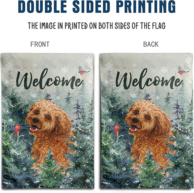Welcome Winter Garden Flags Golden Doodle Garden Flag Cardinal Birds on Snowy Pine Tree Flag Dog Yard Flags for Outside 12x18 Double Sided Christmas Decorative Lawn Flags