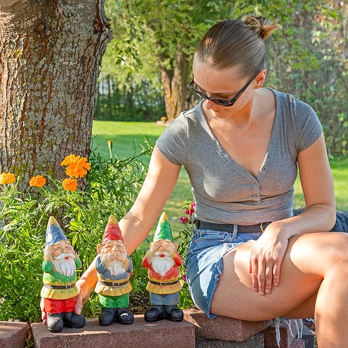 Sunnydaze Three Wise Garden Gnomes - Hear, Speak, and See No Evil Set - Outdoor Lawn Statues