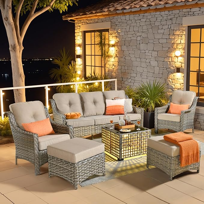 6 Pieces Patio Outdoor Furniture Set,All Weather Wicker Rattan Patio Seating Sofa and Chair Set w/Ottoman and Glowing Coffee Table,Outdoor Conversation Sets for Deck Yard Garden,Beige
