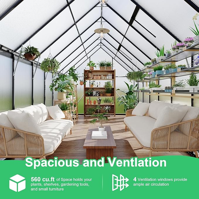 8'x16' Aluminum-Framed Polycarbonate Greenhouse, Heavy Duty Polycarbonate Greenhouse with Quick Setup Structure and Roof Vent, Large Enhanced Aluminum GreenhouseKit for Outdoors