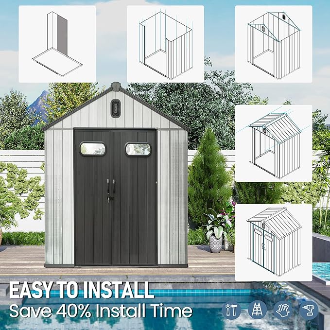Domi 6x4 FT Outdoor Resin Storage Shed, All-Weather Double-Wall Storage Building for Backyard, Garden, Lawn Tools, Mower, Bike & Pool Equipment, Lockable Doors, Ventilated Roof, Grey