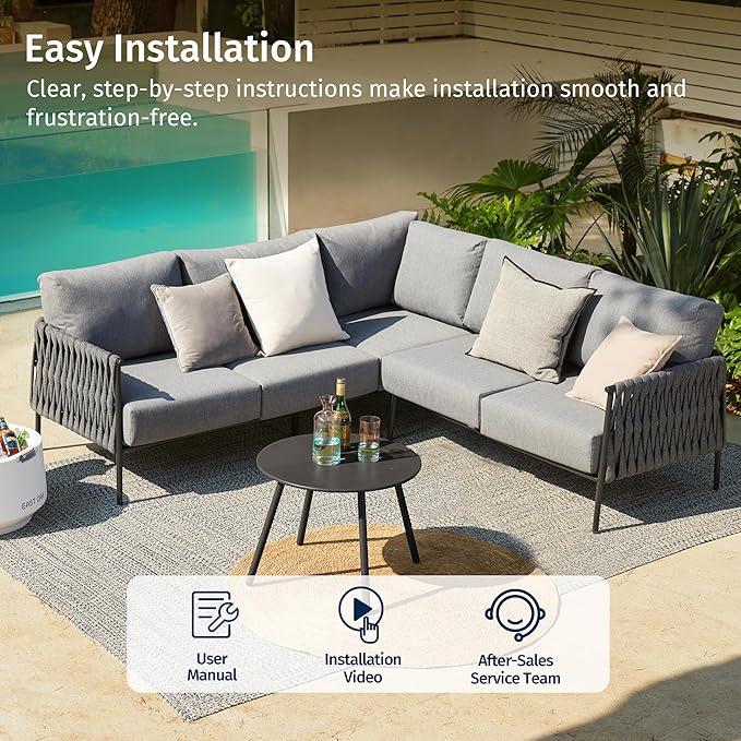 EAST OAK Corner Patio Furniture Set | Life Chatter 5-Seat Outdoor Furniture | Deep Seating Corner Sofa with Round Coffee Table | Extra-Thick & Washable Cushions | Misty Grey