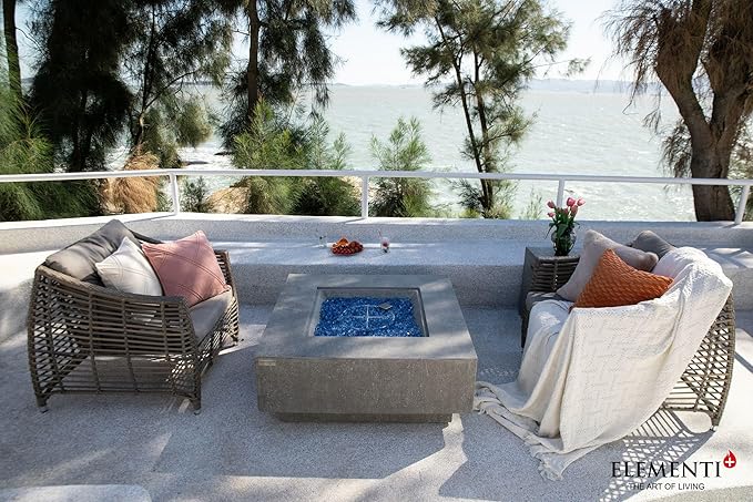 Elementi+ | Victoria Gas Fire Pit Cast Concrete 40" Square Fire Table, Outdoor Fire Pit Electronic Ignition | Canvas Cover, Fire Glass and Burner Lid Included | Light Gray | Natural Gas