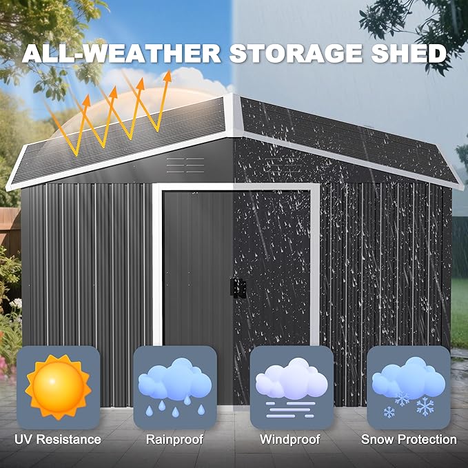 Nuu Garden 8 x 10 FT Outdoor Storage Shed with Sliding Doors, Galvanized Sheet Tool Shed with Sloping Roof, Anti-Corrosion Garden Shed with Air Vents for Backyard Patio Lawn, Black