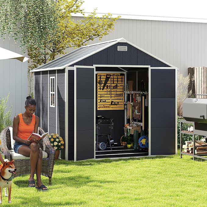 8x8 FT Resin Storage shed, Outdoor Storage Sheds with Floor, Window, Lockable Doors and Vents, 12mm Thick pp Board, Large Storage Space Tool Shed for Lawn, Backyard, Patio (Dark Gray, 8 * 8ft)
