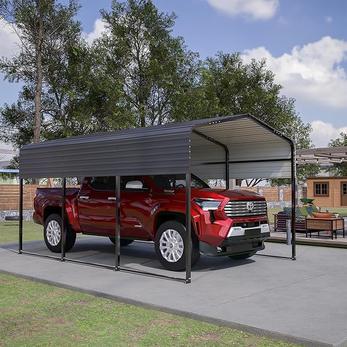 Metal Carport Kit 10x15 FT Heavy Duty Galvanized Garage Shed for Car Truck Boat Outdoor All Weather Sunshade Car Shelter with Enhanced Base Sloped Top (Black)