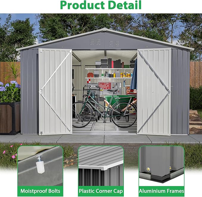 11x13ft Outdoor Metal Storage Shed,Steel Utility Tool Shed Storage House with Double Lockable Doors & Air Vent for Backyard Garden Patio Lawn Gray