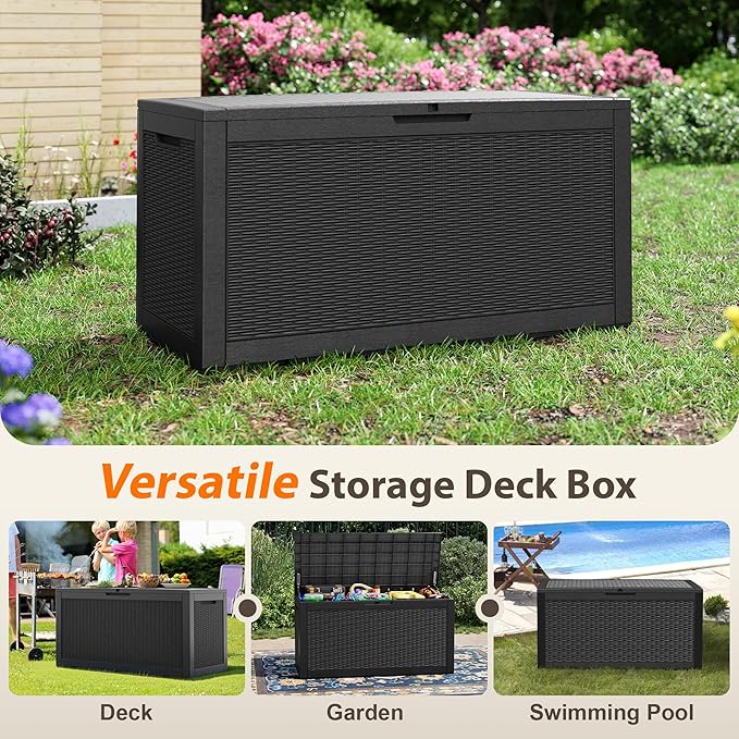 100 Gallon Resin Deck Storage Boxes Outdoor Waterproof, Lockable Outdoor Storage Container for Patio Cushions, Garden Tools, Pool Accessories, Black