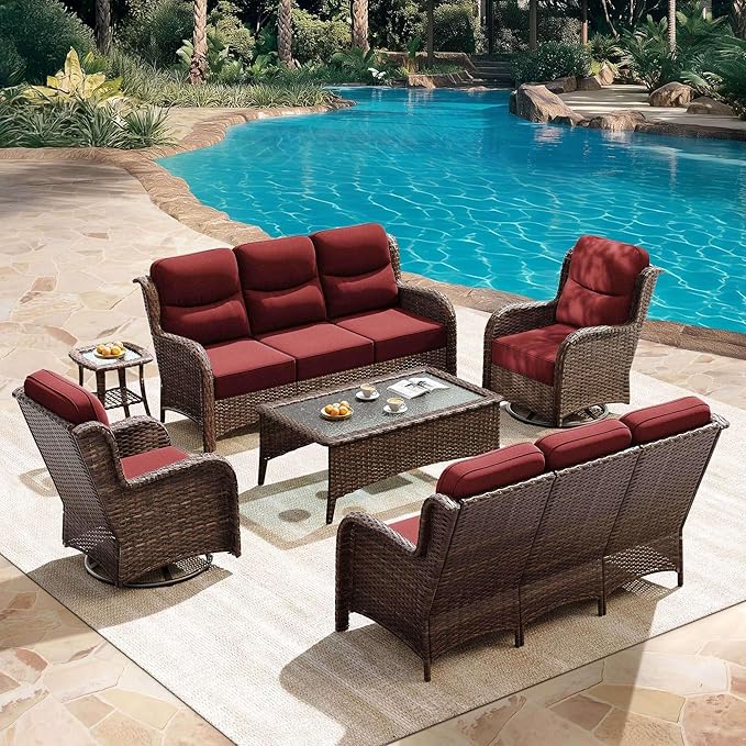 HILLGA Luxury Patio Furniture Set with 6-Inch Thick Cushions, High Back Outdoor Swivel Rocker Chairs and Patio Couch, 6-Piece All Weather Conversation Set for Porch Deck Pool Yard, Burgundy (V3)