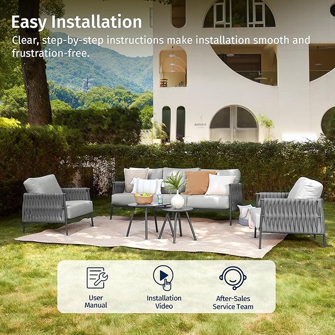 EAST OAK Patio Furniture Set 5 Pieces, Modern Outdoor Furniture 5 Seats Sofa with Two Round Coffee Table, Patio Conversation Set Deep Seating with Thick and Washable Cushions, Misty Grey2025