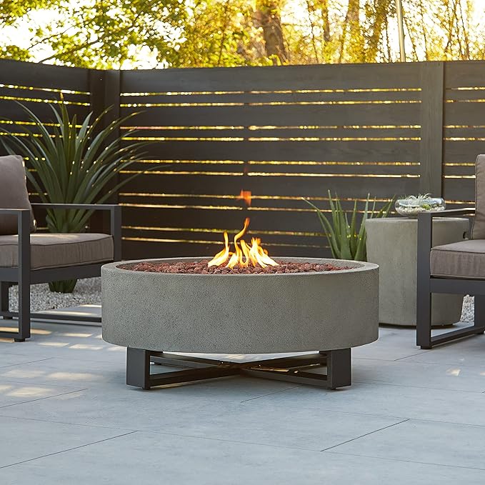 Real Flame Ideldale Round Outdoor Propane Fire Pit - Lightweight, Concrete-Like Material (MGO) - Push Button Start, Adjustable Flame Height
