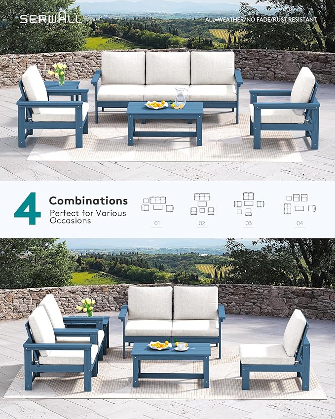 SERWALL HDPE Patio Furniture Set, 7-Piece Outdoor Sectional Sofa Set, All Weather Outdoor Couch Set for Deck, Lawn, Blue Frame with Khaki Cushion