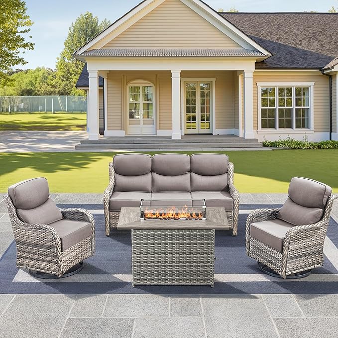 Luxury High Back Outdoor Furniture 6-Inch Thick Cushions with 50,000 BTU Gas Propane Fire Pit Tablet, Patio Furniture Set with Swivel Chairs, for Porch, Balcony, Deck and Yard