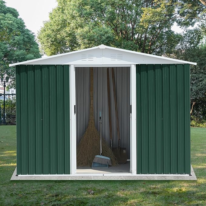 Ball & Cast 8x6 FT Outdoor Storage Shed, Garden Metal Sheds with Punched Vents and Sliding Door, Clearance Tool House with Aluminum Frames and Sloped Roof for Backyard Patio,Green