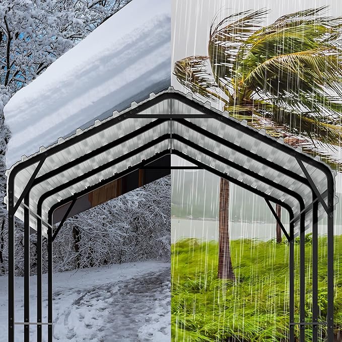 Walsunny Metal Carport 12x15 FT Heavy Duty Carport Canopy with Enhanced Base, Outdoor Car Shelter with Galvanized Steel Roof and Frame Garage for Truck, SUV, Boat, Gray