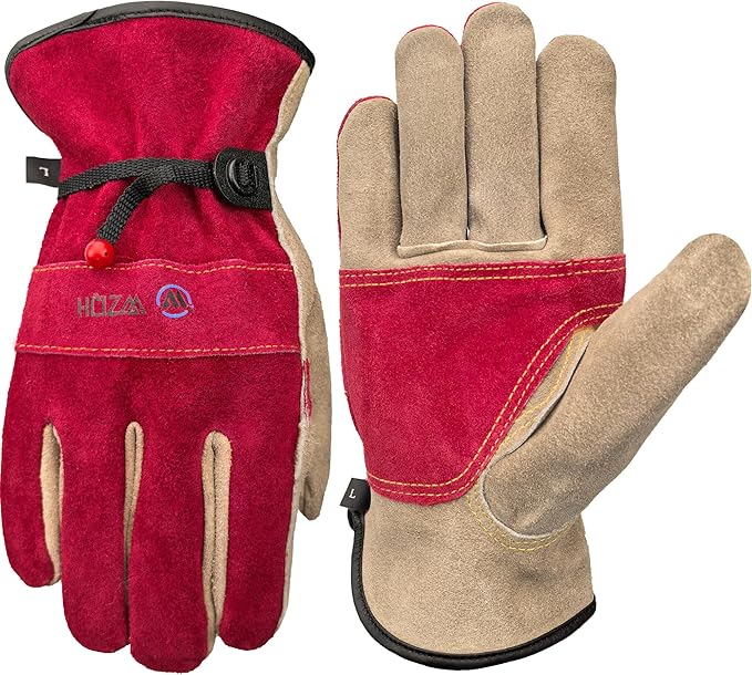 Leather Work Gloves for Women, Medium Glove for Gardening, Tig/Mig Welding, Construction, Chainsaw, Farm, Ranch, etc. Cowhide, Cotton Lined, Utility, Firm Grip, Durable. Rose Red - Grey M