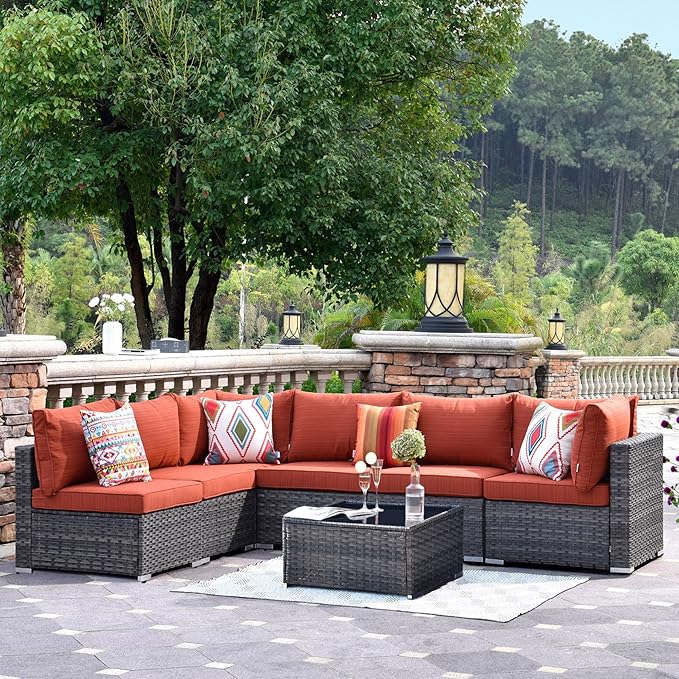 HOOOWOOO 7 Piece Patio Sectional Furniture Set,Modern Wicker Outdoor Conversation Sofa Sets,Weather Resistant Modular L Shaped Outside Couch Table Set(Orange Red)