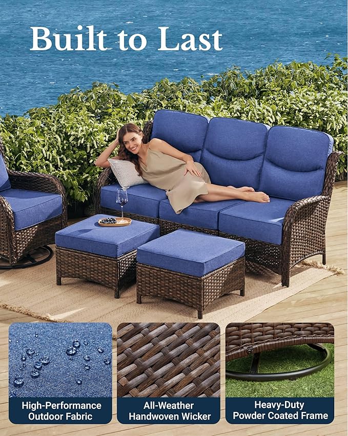 HILLGA Luxury Patio Furniture Set with 6-inch Thick Cushion, Outdoor Loveseat and High Back Swivel Rocker Patio Chairs, 6PCS Wicker Conversation Set for Deck Yard and Poolside, Blue (V2)