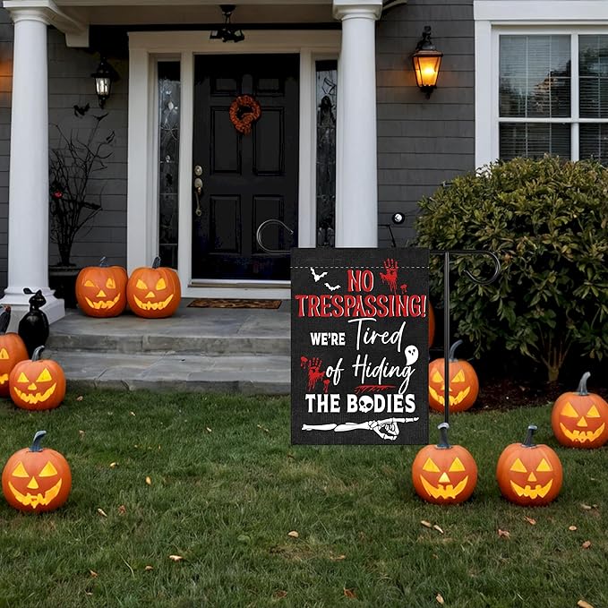 No Trespassing Halloween Garden Flag for Outside, 12x18 Inch Double Sided Halloween Scary Skeleton Bats Yard Flag, Farmhouse Small Yard Flags for Outdoor Decorations, Holiday Decor Gifts-A12