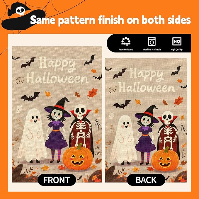 Halloween Garden Flag 12x18 Inch Double Sided, Outdoor Burlap Yard Decor for Porch, Patio, Holiday Decorations, Khaki