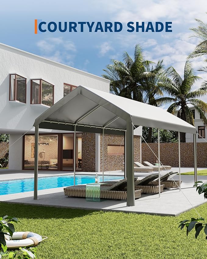 10x20ft Metal Carport Garage with PE Fabric and Galvanized Steel Frame Leg Wrap Carport for Outdoor Shelter for Cars, Trucks and Boats - Gray