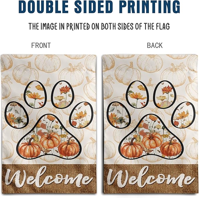 Welcome Fall Pumpkin Garden Flag Paw Print of Dog Autumn Wild Flower Yard Banner Outside Halloween Thanksgiving Outdoor Decor 12x18 Double Sided Small