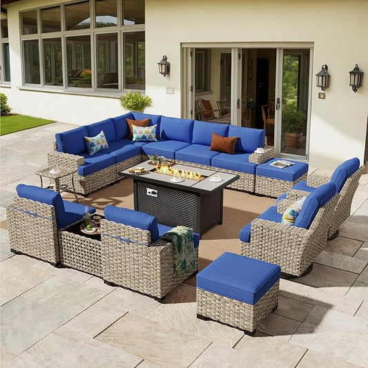HOOOWOOO Outdoor Sectional Patio Furniture Set with Fire Pit Table,15 Pieces Wicker Conversation Sets L Shaped Couch,Extra Deep Out Door Sofa Outside Furniture with Swivel Chairs Ottomans,Navy Blue