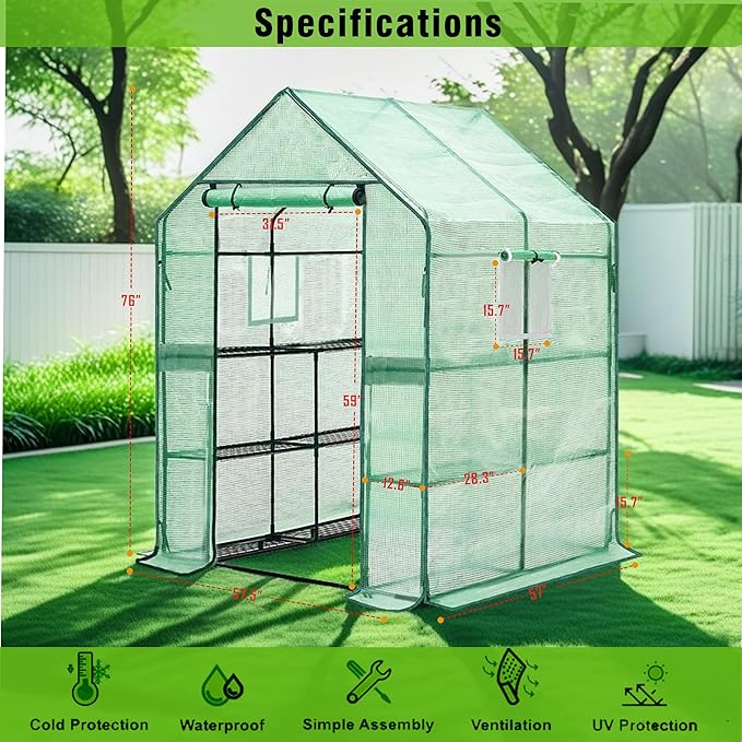 Walk-in Greenhouse w/ Roll-Up Zipper Door & Screen Windows-3 Tiers 12 Shelves 56x56x76“ PE Greenhouse for Outdoor Gardening Plants Cold Frost Protection Wind Rain Proof(PLGHW002G-N)