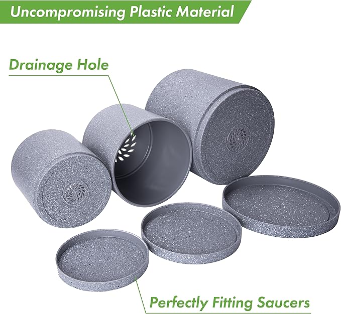 D'vine Dev 6.5 Inch 8 Inch 10 Inch, Set of 3 Plastic Planter Pots for Plants with Drainage Hole and Seamless Saucer, Speckled Gray Color, Large, 74-V-G-4